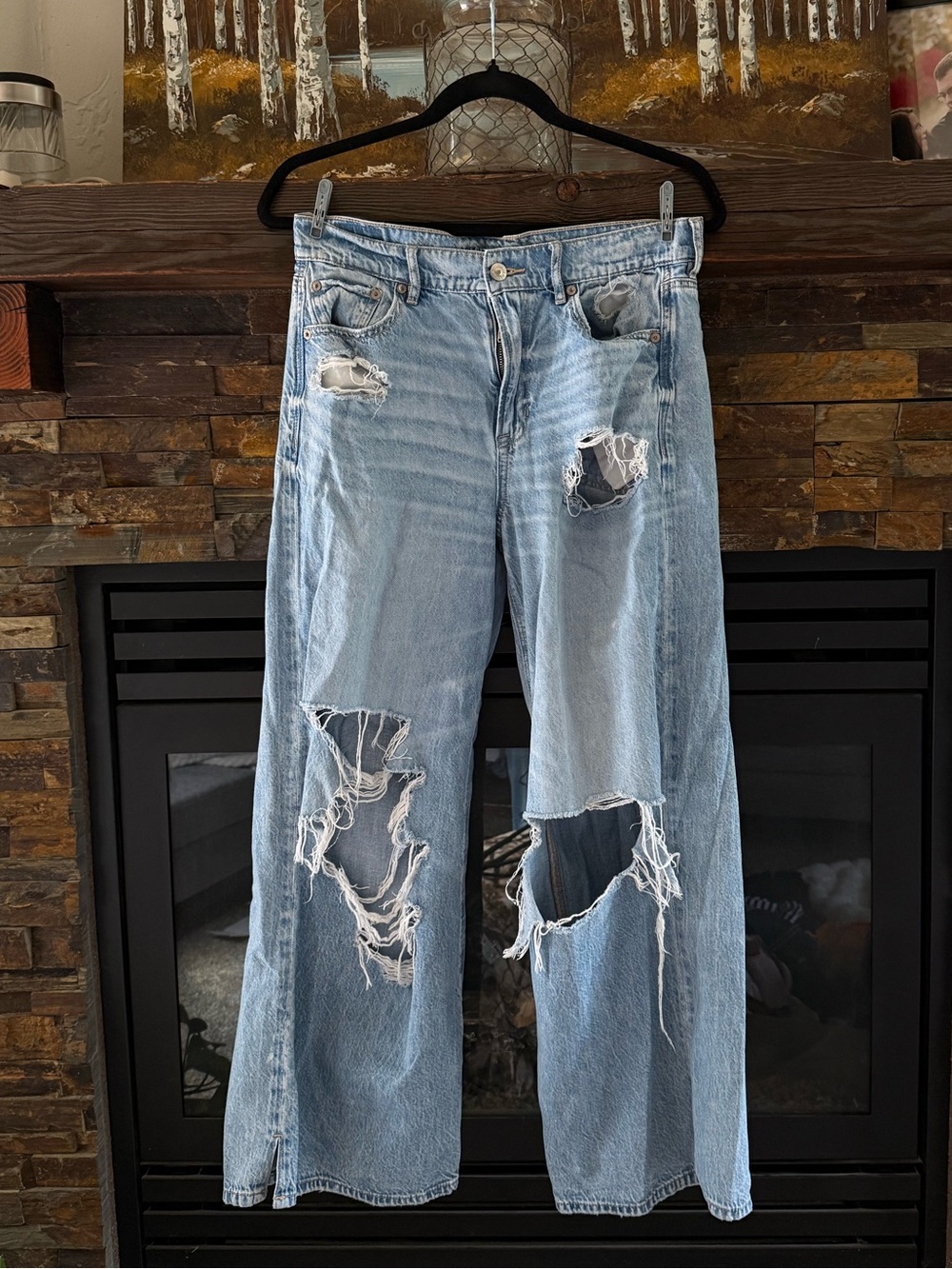American Eagle Outfitters Light Blue Distressed Wide-Leg Jeans